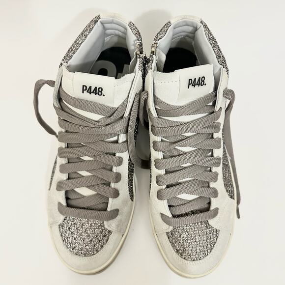 P448 Skate Glitter Sneakers Silver Gray High Top Lace Up - Picture 2 of 9